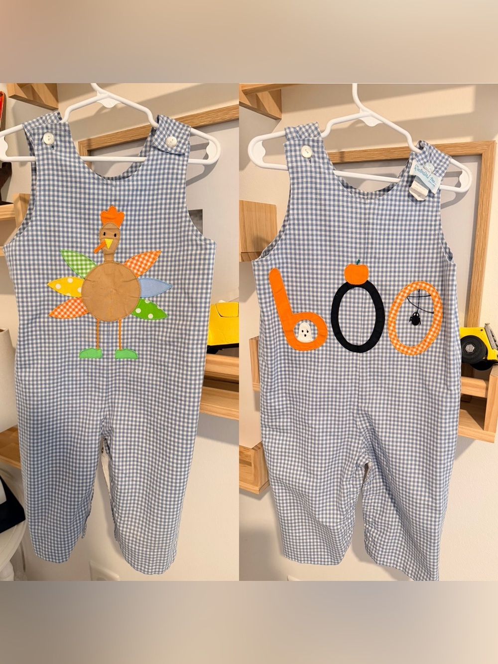 Funtasia too Blue Gingham Kids Turkey & Boo Halloween Bib Overalls Reversible 2T